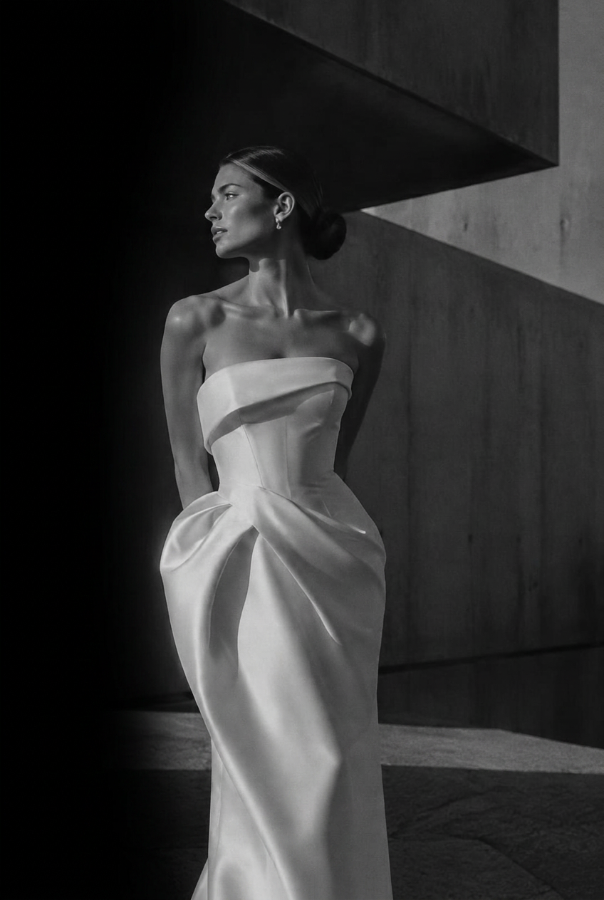 Bride in a sculptural gown against concrete architecture